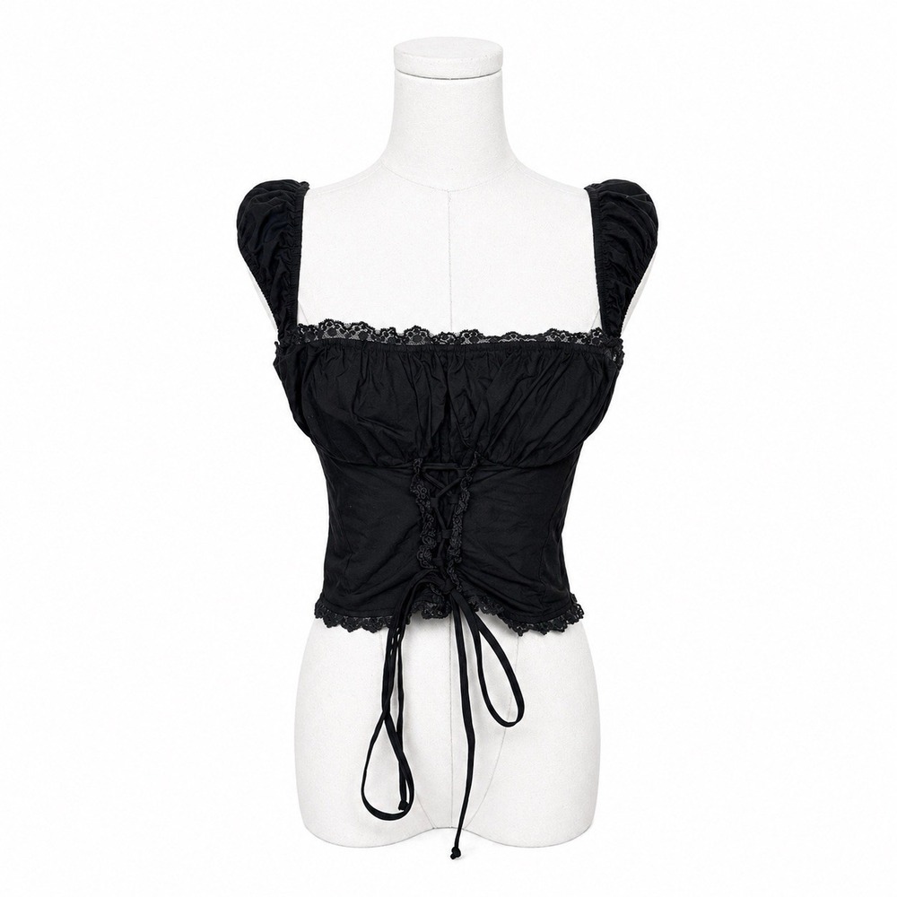 Blanc Black Lace Trim Babydoll Corset Crop Top Sz S-L Puff Sleeve Gothic Cottage
